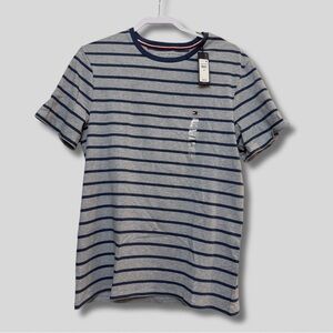 NWT Tommy Hilfiger Men's Gray and Blue Striped Slim Fit Short Sleeve Shirt